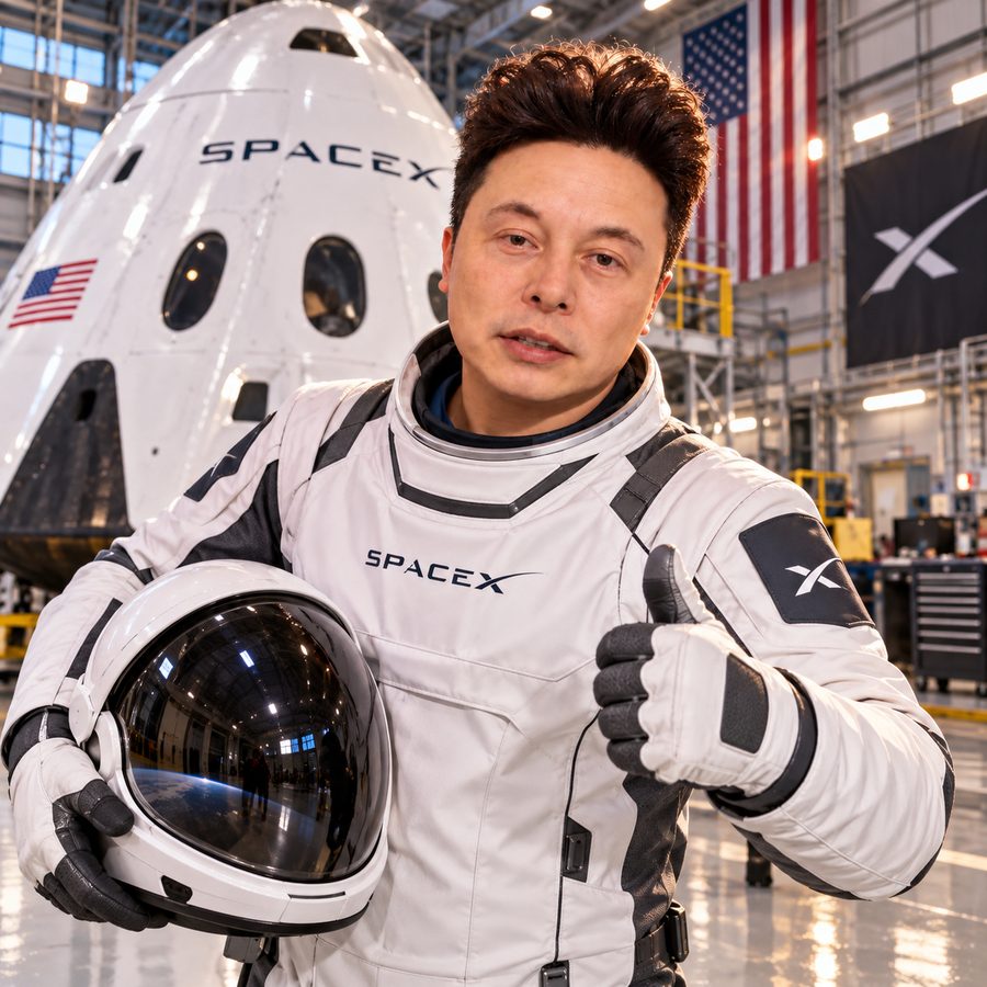 Yi Long Ma in a white spacesuit giving a thumbs up