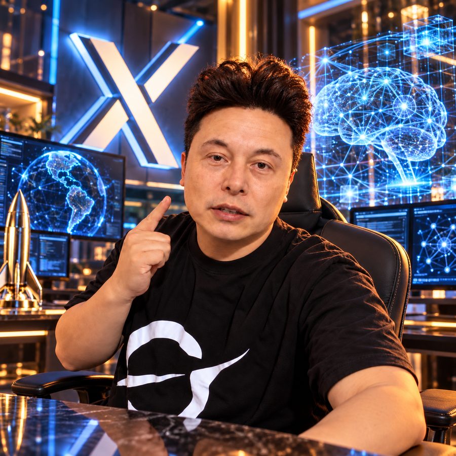 Yi Long Ma pointing at the camera in front of glowing screens