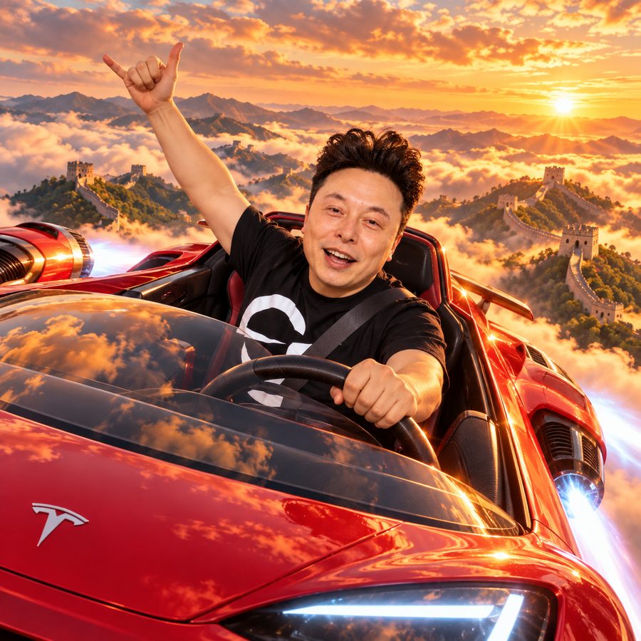 Yi Long Ma waving from a red convertible on the Great Wall at sunset