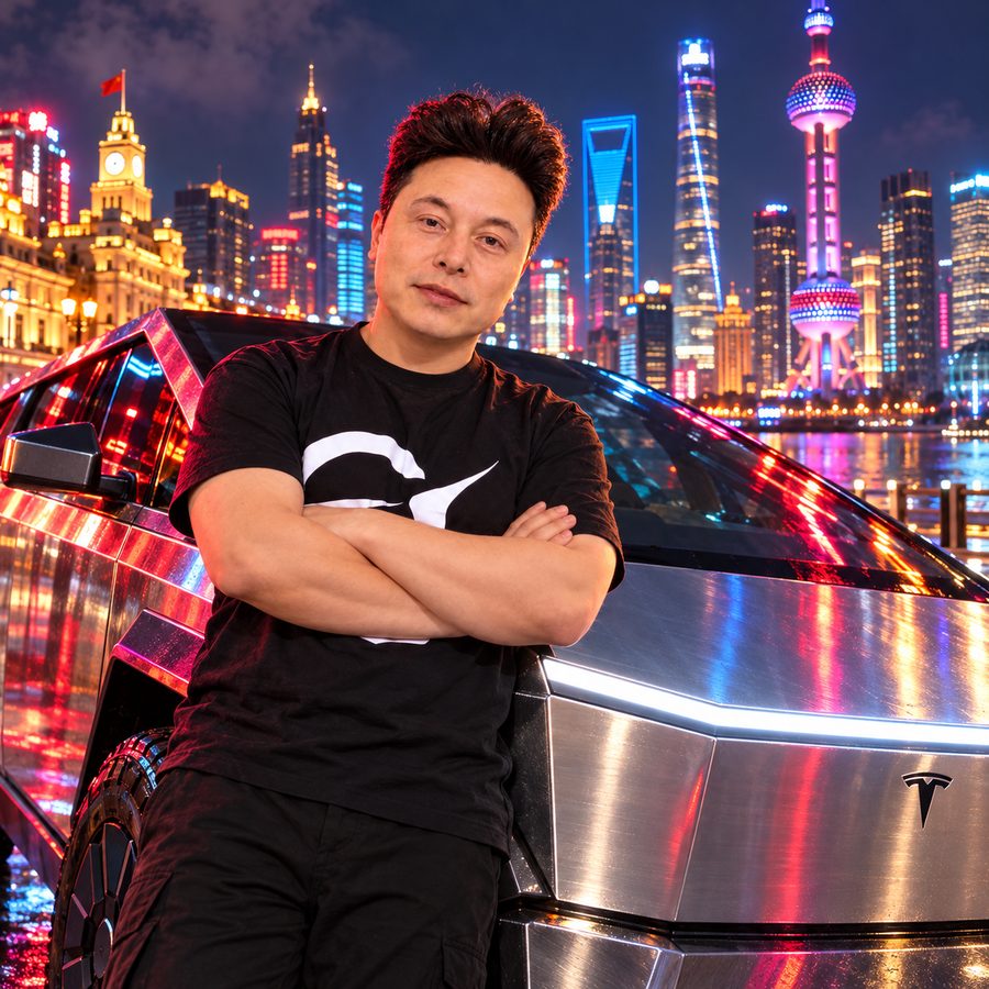 Yi Long Ma with arms crossed beside a silver truck under the Shanghai skyline